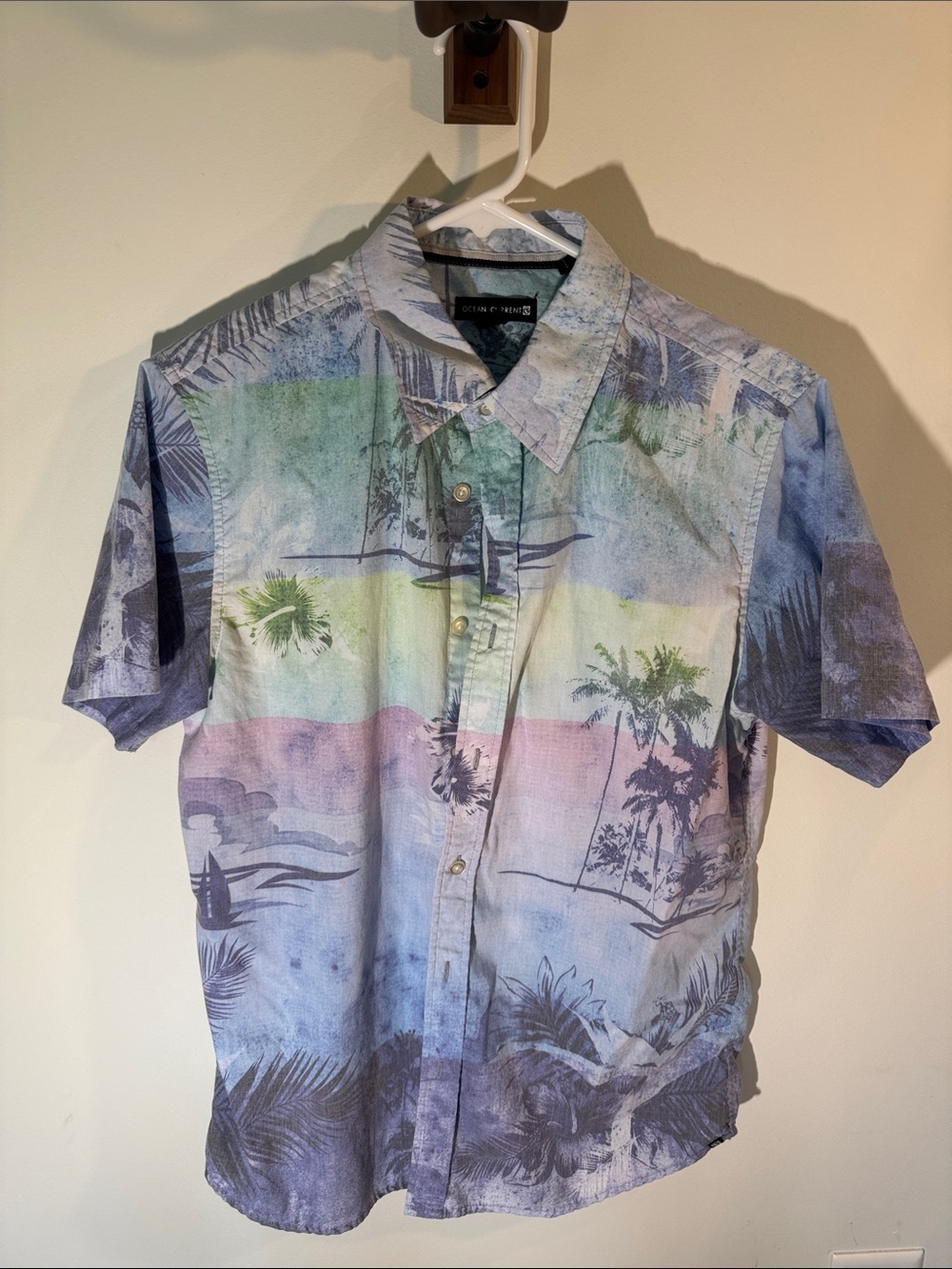 Ocean Current Pastel Coastal Print Button-Down Shirt - Blue, Pink, Green